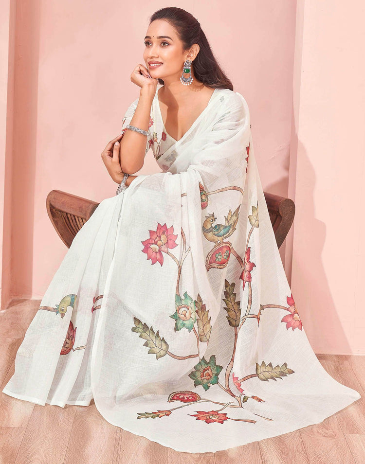 White Linen Floral Printed Saree