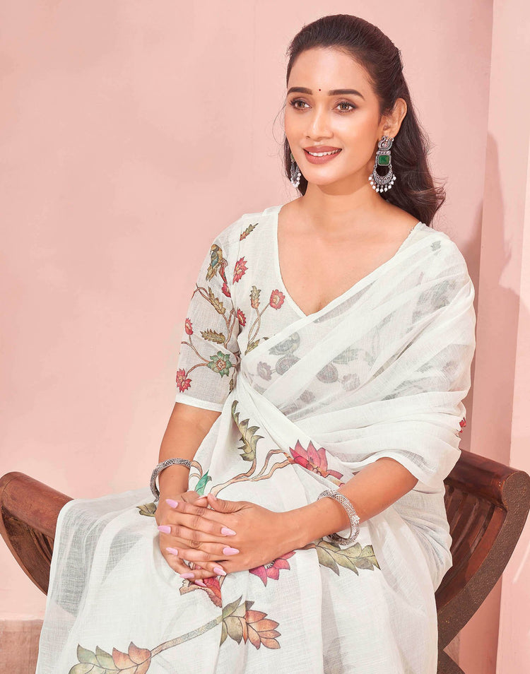 White Linen Floral Printed Saree