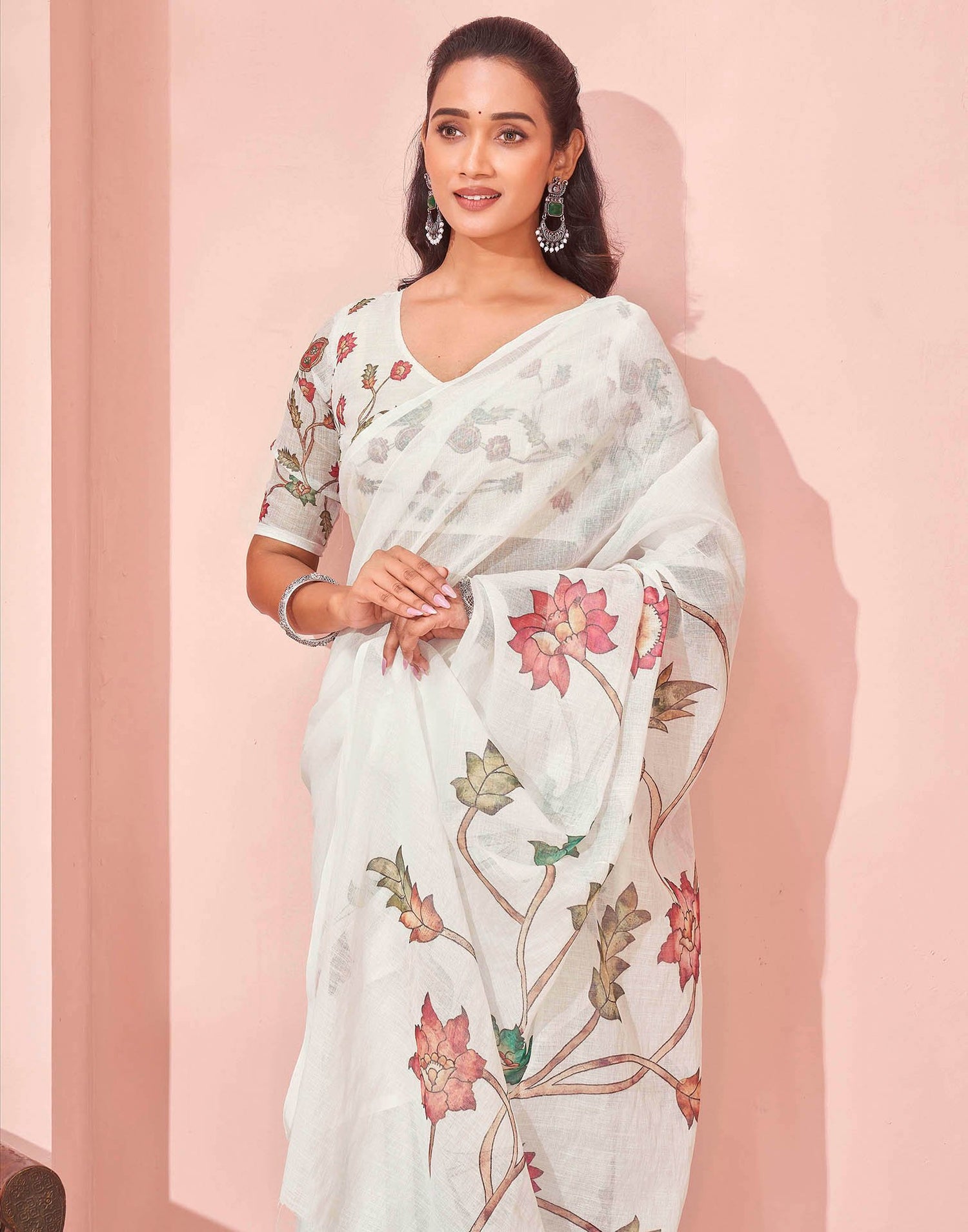 White Linen Floral Printed Saree
