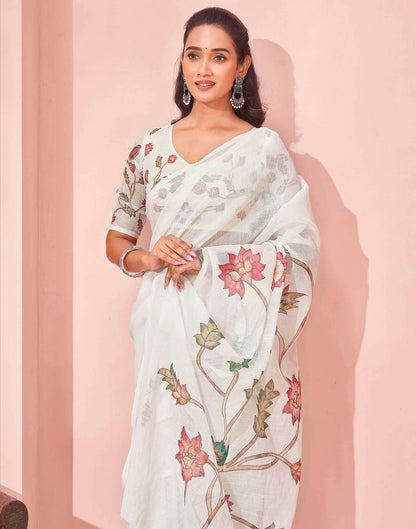 White Linen Floral Printed Saree