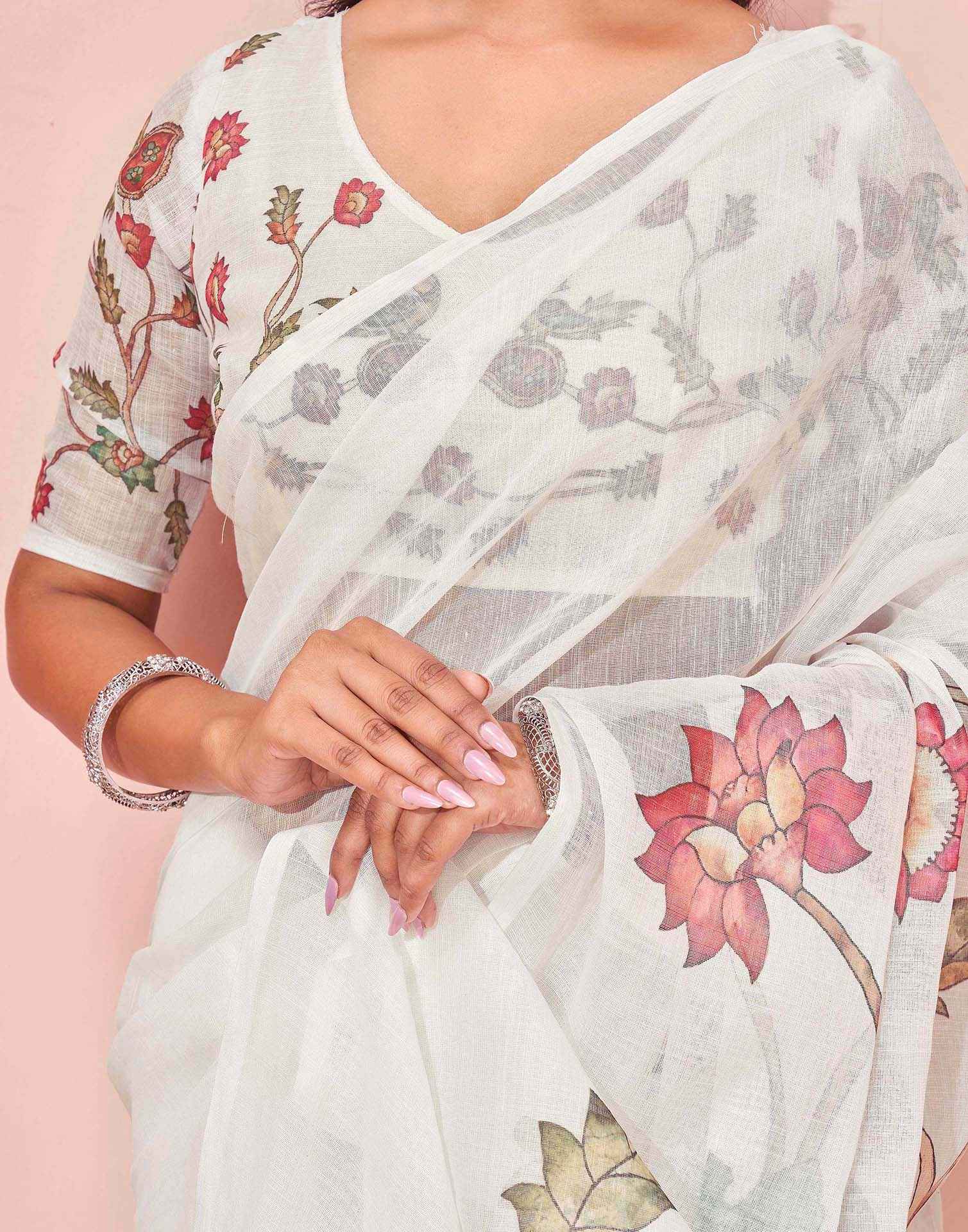White Linen Floral Printed Saree