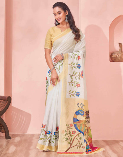 White Linen Kalamkari Printed Saree