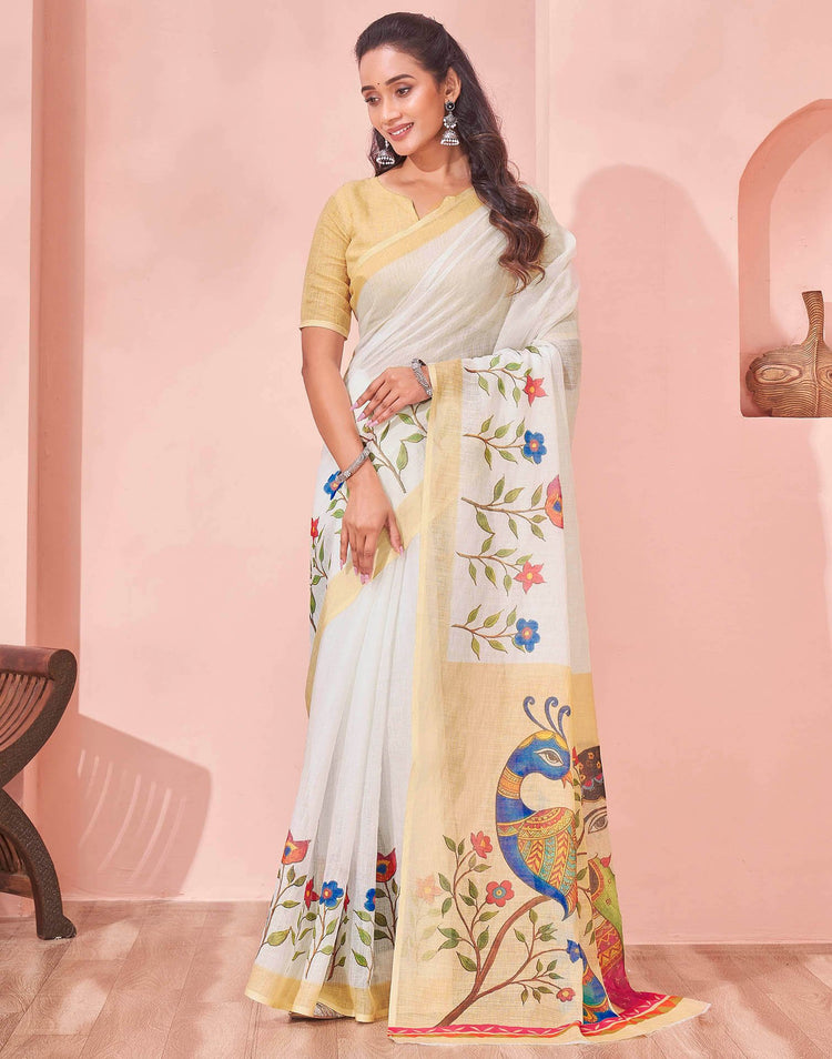 White Linen Kalamkari Printed Saree