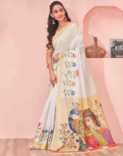 White Linen Kalamkari Printed Saree