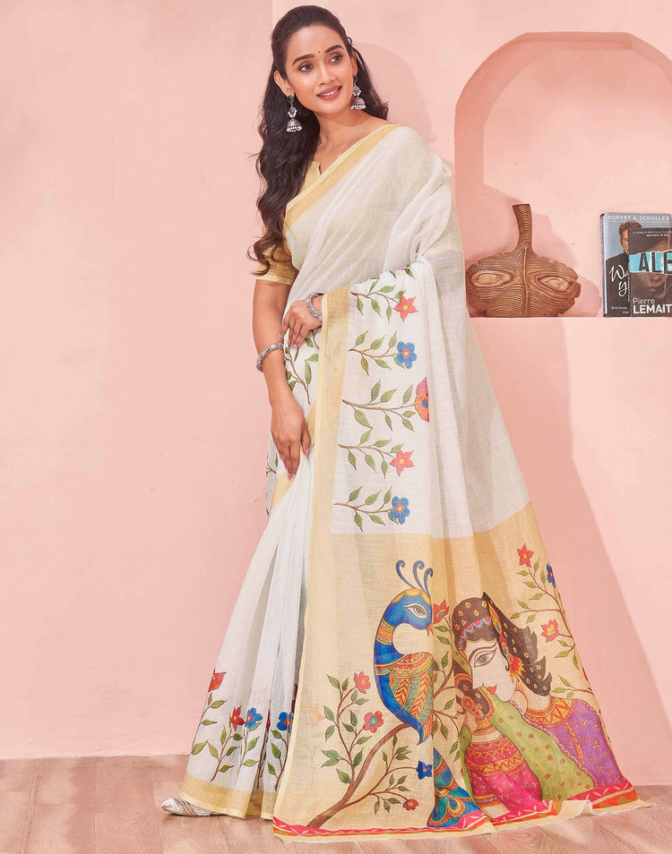 White Linen Kalamkari Printed Saree