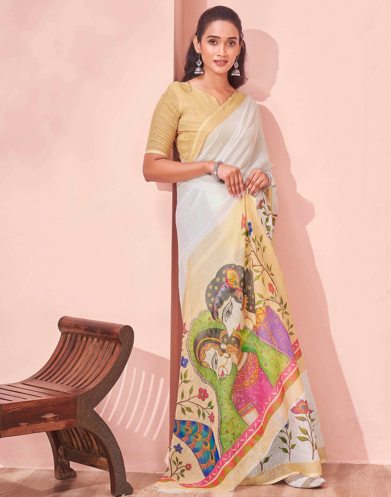 White Linen Kalamkari Printed Saree