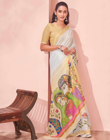 White Linen Kalamkari Printed Saree
