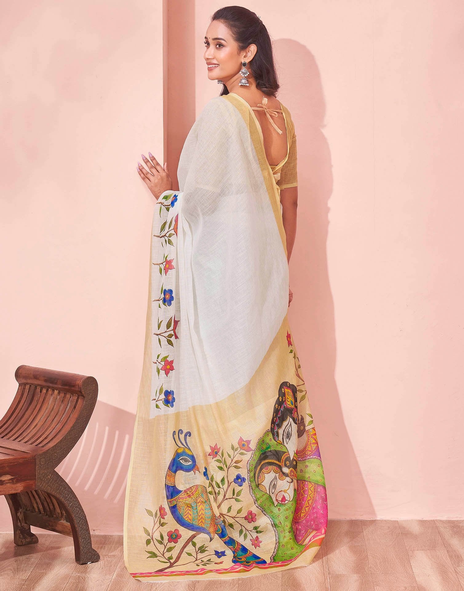 White Linen Kalamkari Printed Saree
