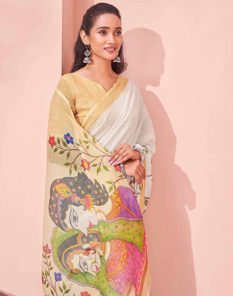 White Linen Kalamkari Printed Saree