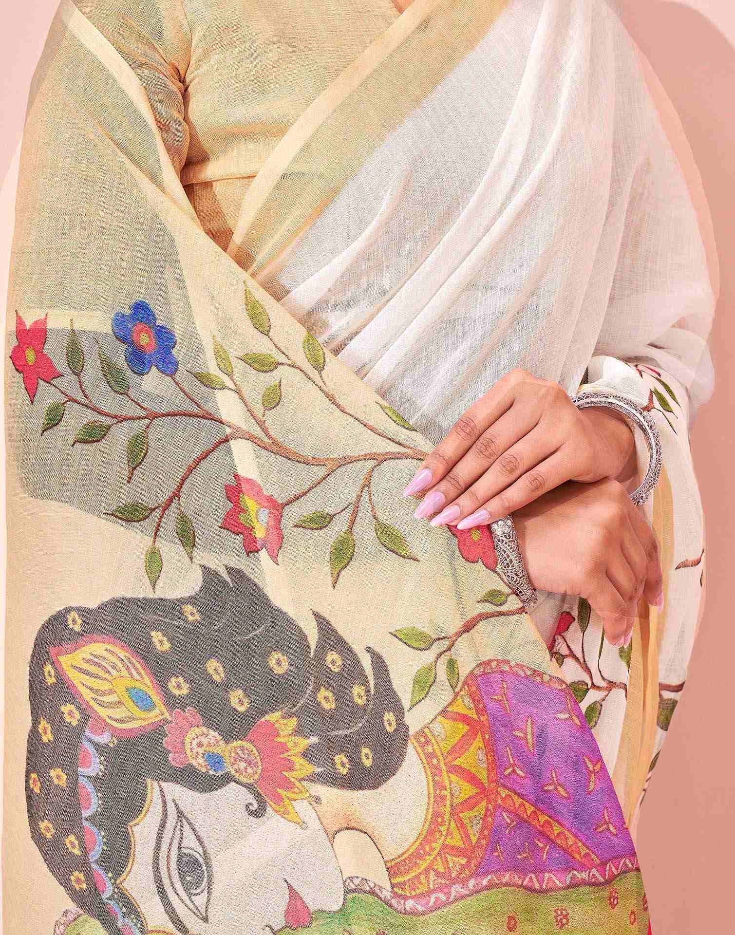 White Linen Kalamkari Printed Saree
