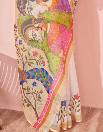 White Linen Kalamkari Printed Saree