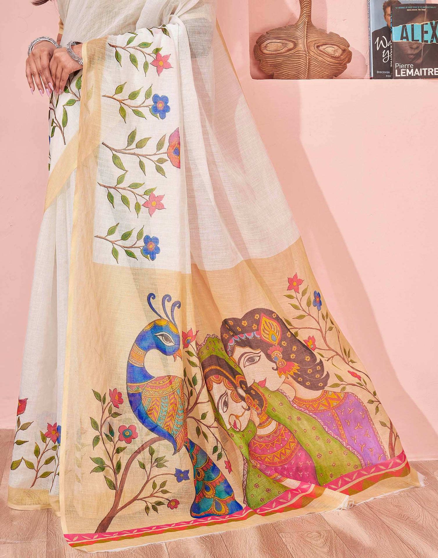 White Linen Kalamkari Printed Saree