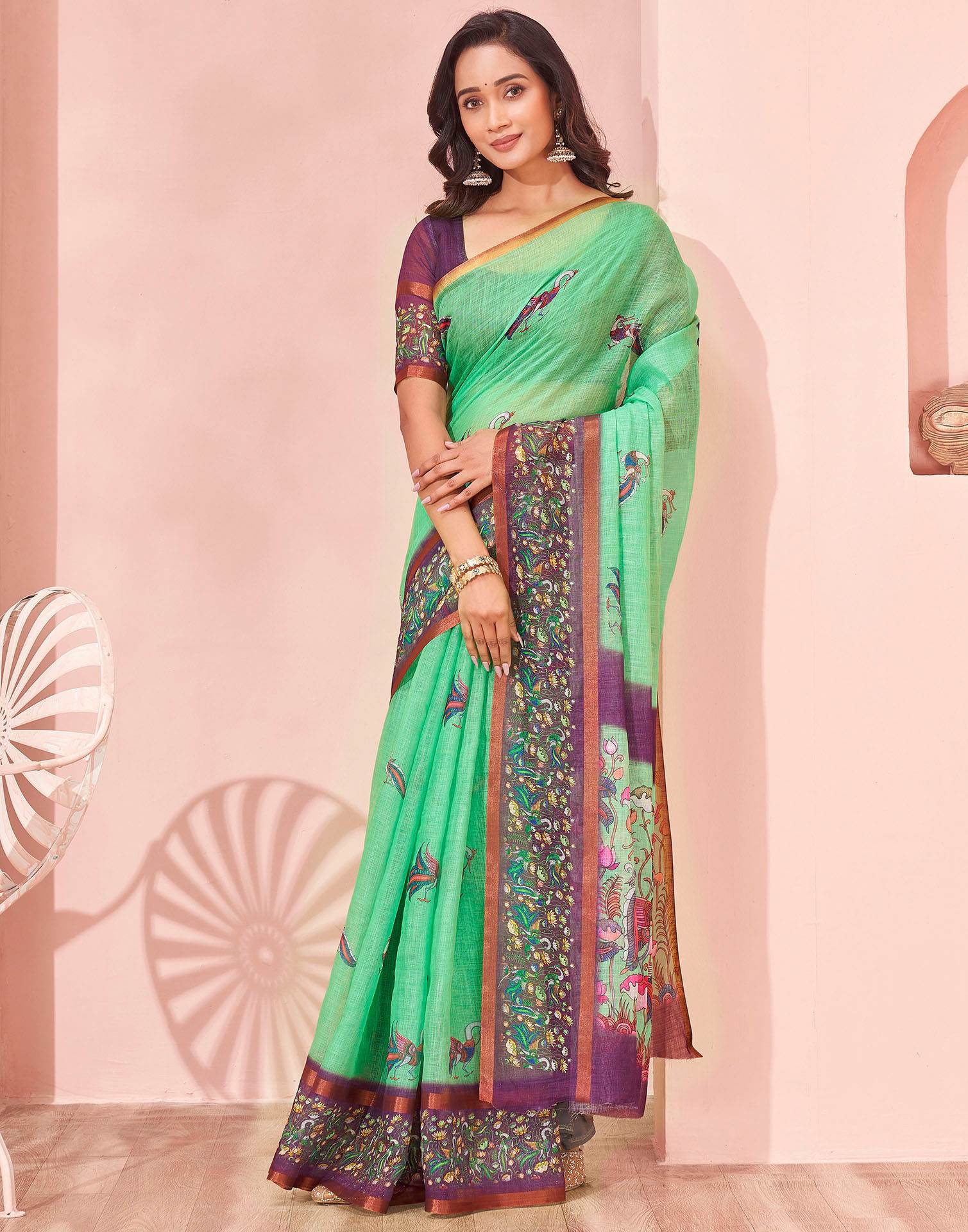 Mint Green Linen Printed Kalamkari Saree