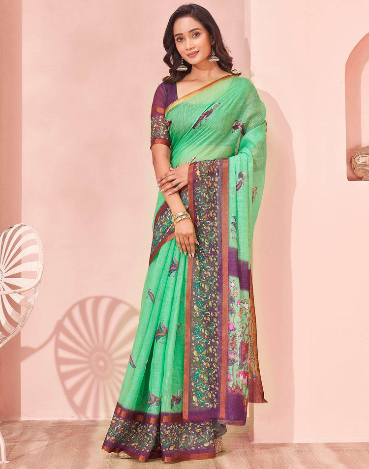 Mint Green Linen Printed Kalamkari Saree