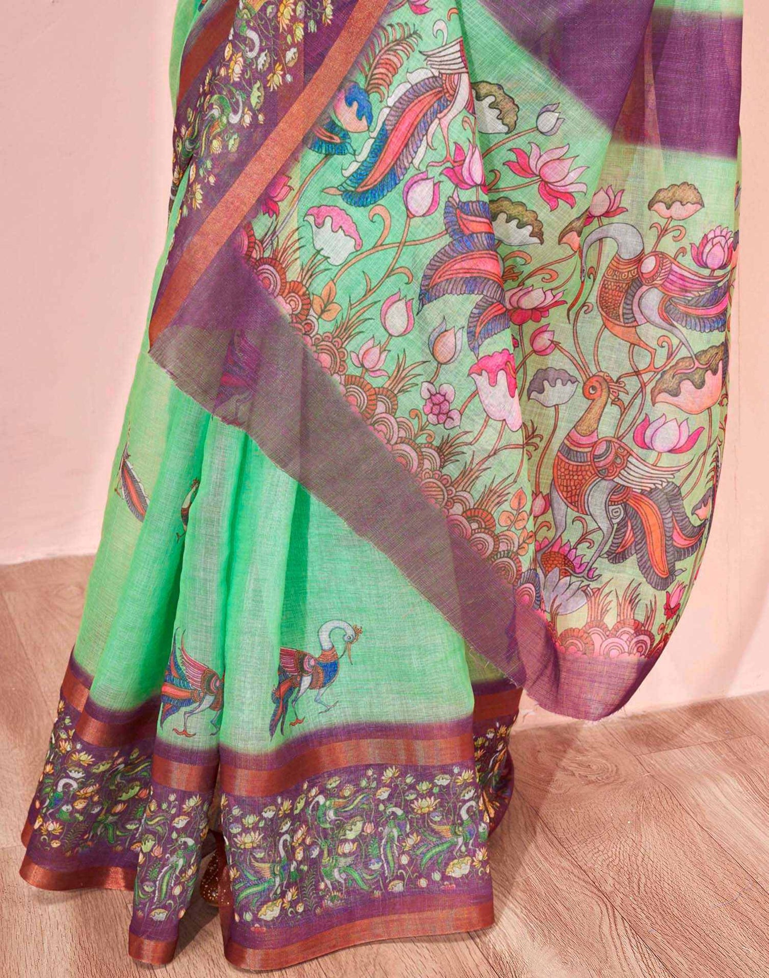 Mint Green Linen Printed Kalamkari Saree
