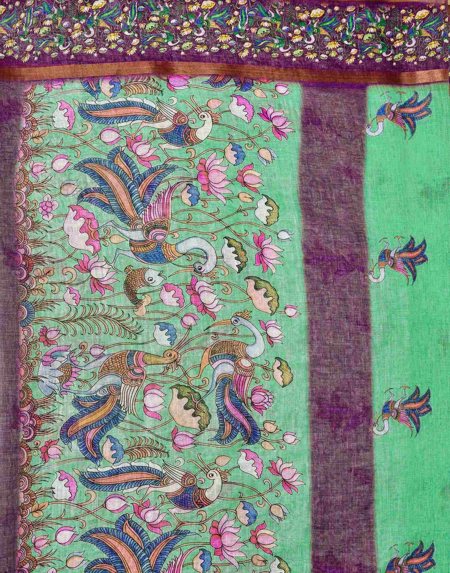 Mint Green Linen Printed Kalamkari Saree