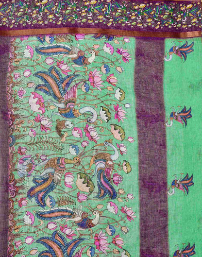 Mint Green Linen Printed Kalamkari Saree