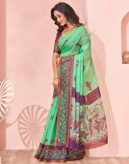 Mint Green Linen Printed Kalamkari Saree