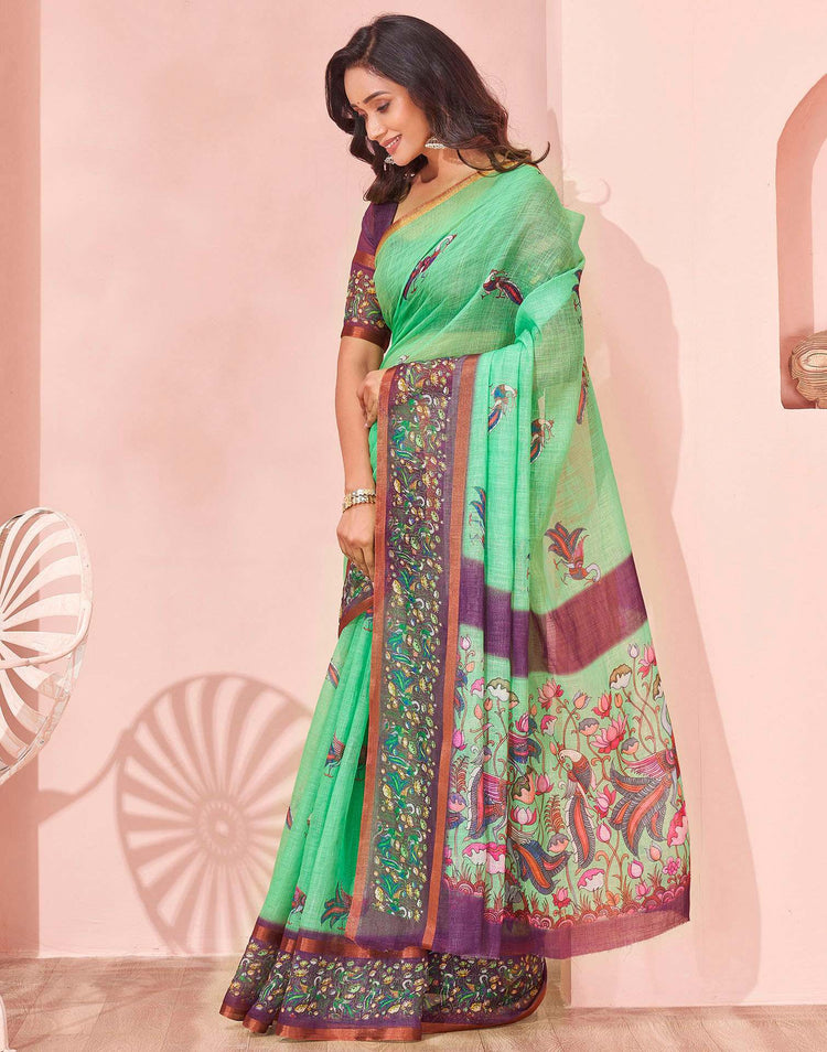 Mint Green Linen Printed Kalamkari Saree