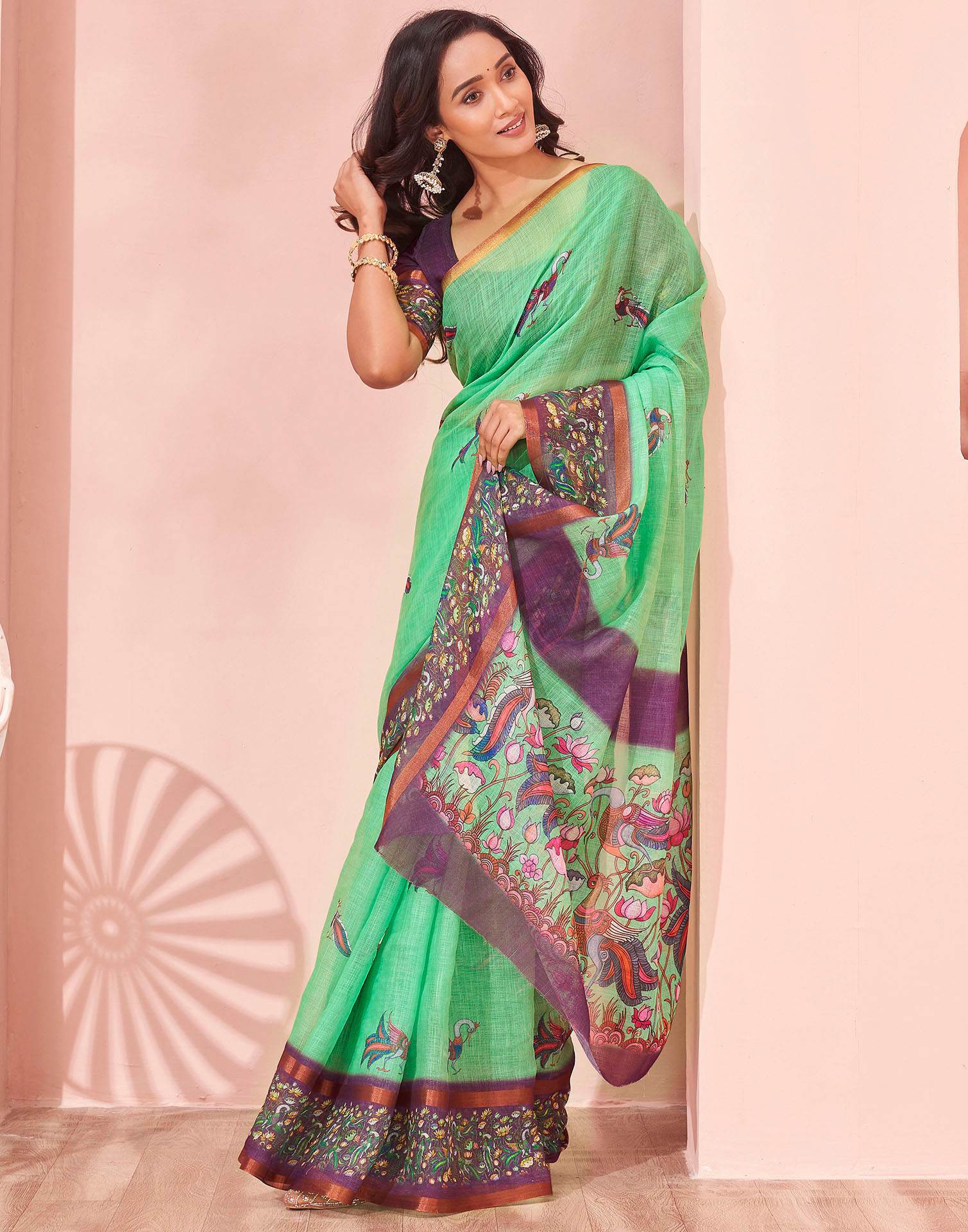 Mint Green Linen Printed Kalamkari Saree