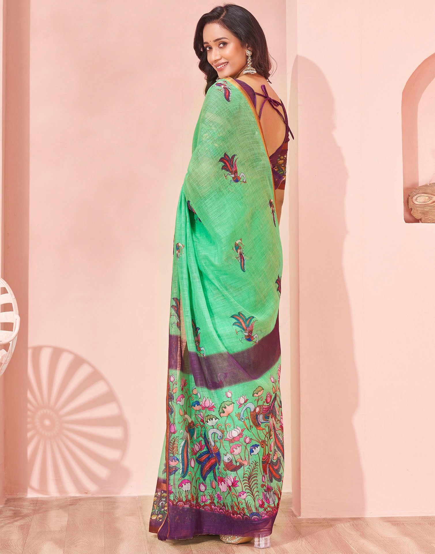 Mint Green Linen Printed Kalamkari Saree