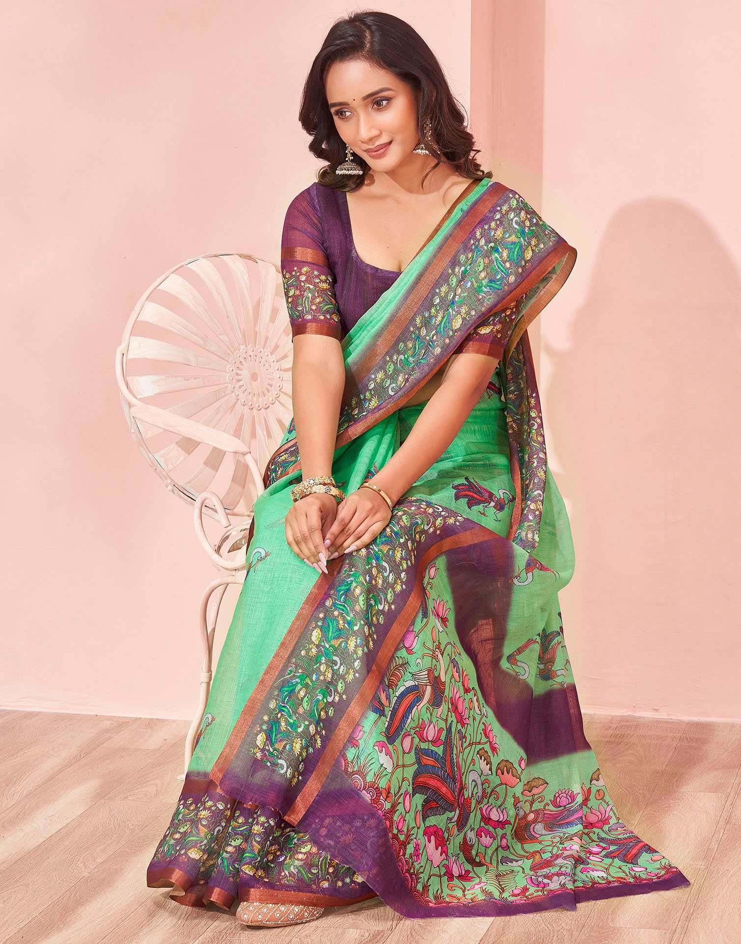 Mint Green Linen Printed Kalamkari Saree
