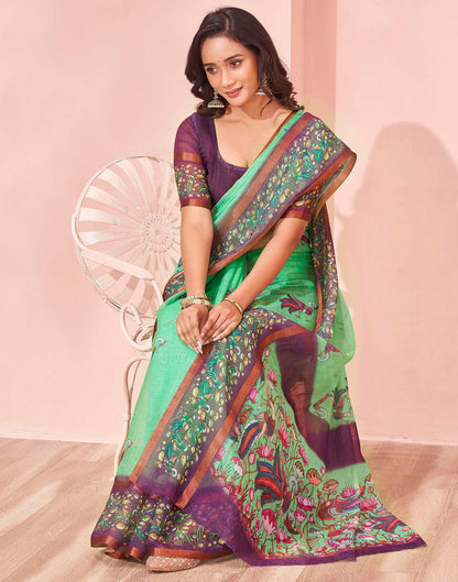 Mint Green Linen Printed Kalamkari Saree