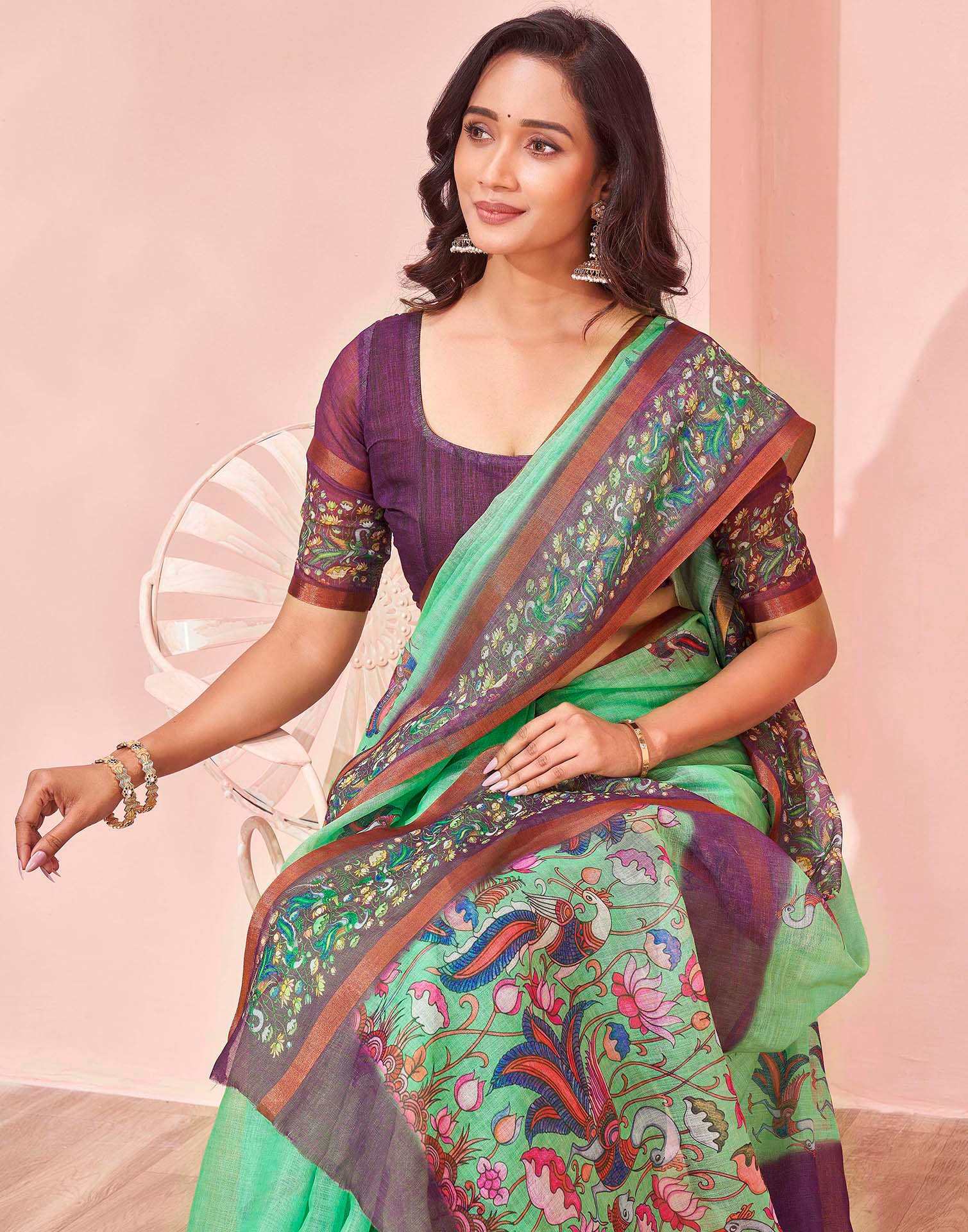 Mint Green Linen Printed Kalamkari Saree