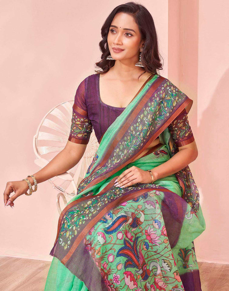 Mint Green Linen Printed Kalamkari Saree
