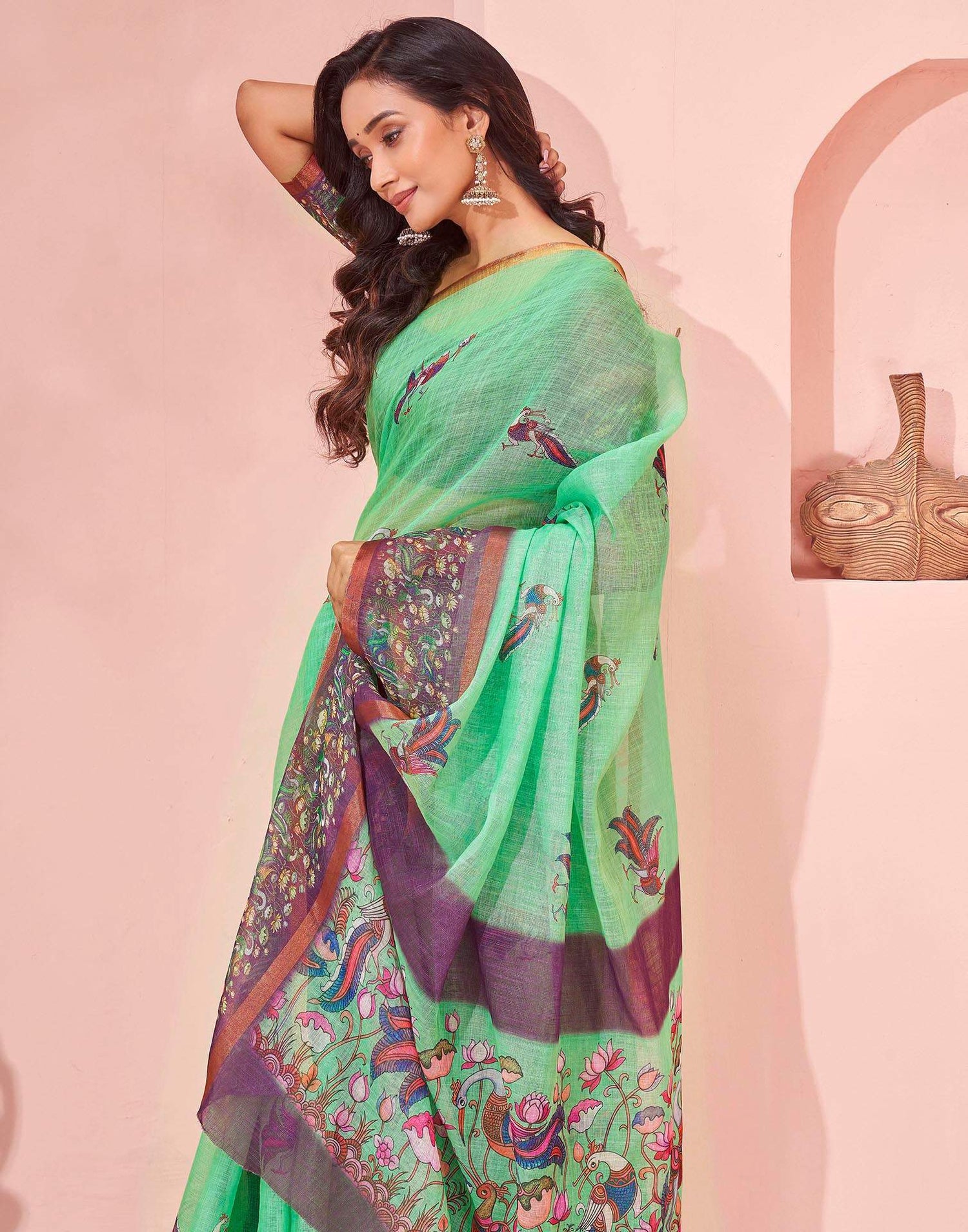 Mint Green Linen Printed Kalamkari Saree