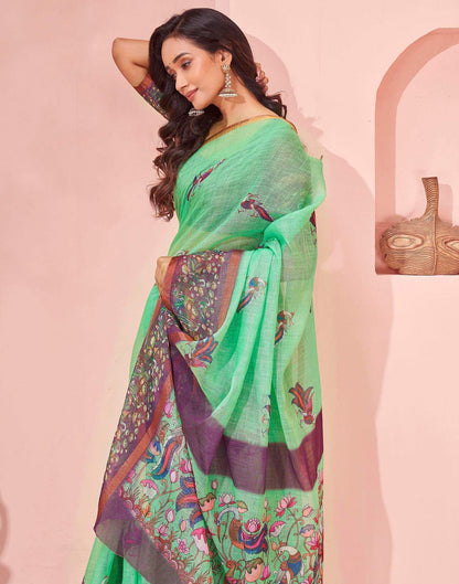 Mint Green Linen Printed Kalamkari Saree