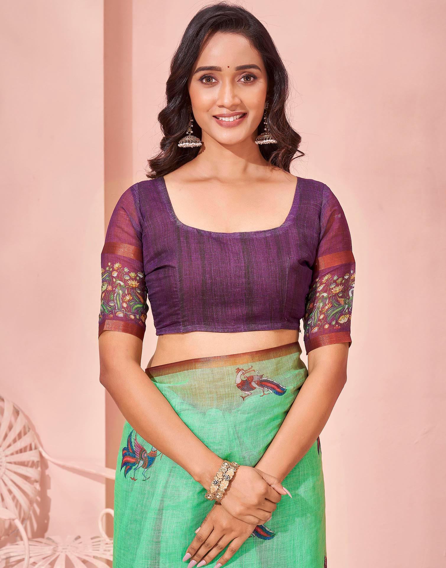 Mint Green Linen Printed Kalamkari Saree