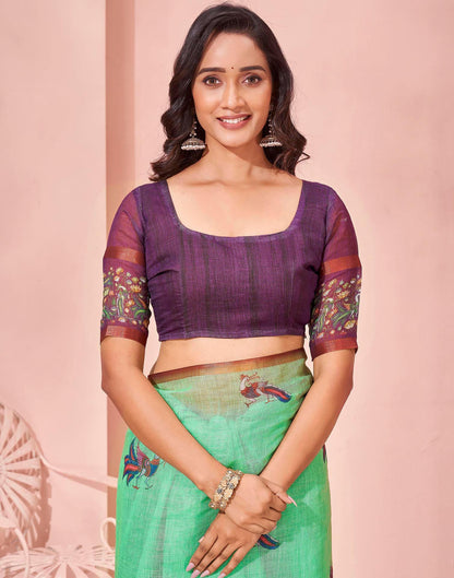 Mint Green Linen Printed Kalamkari Saree