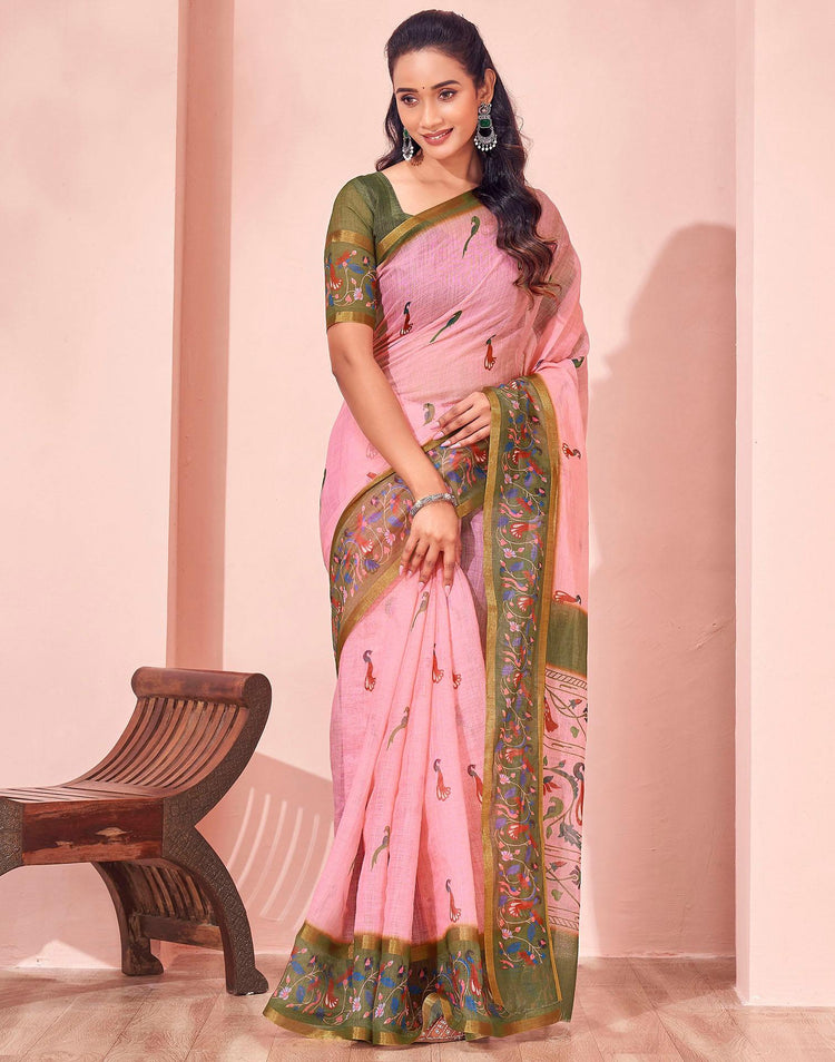 Light Pink Linen Printed Kalamkari Saree