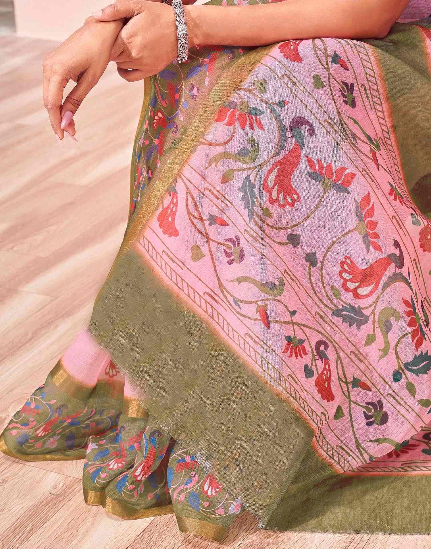 Light Pink Linen Printed Kalamkari Saree