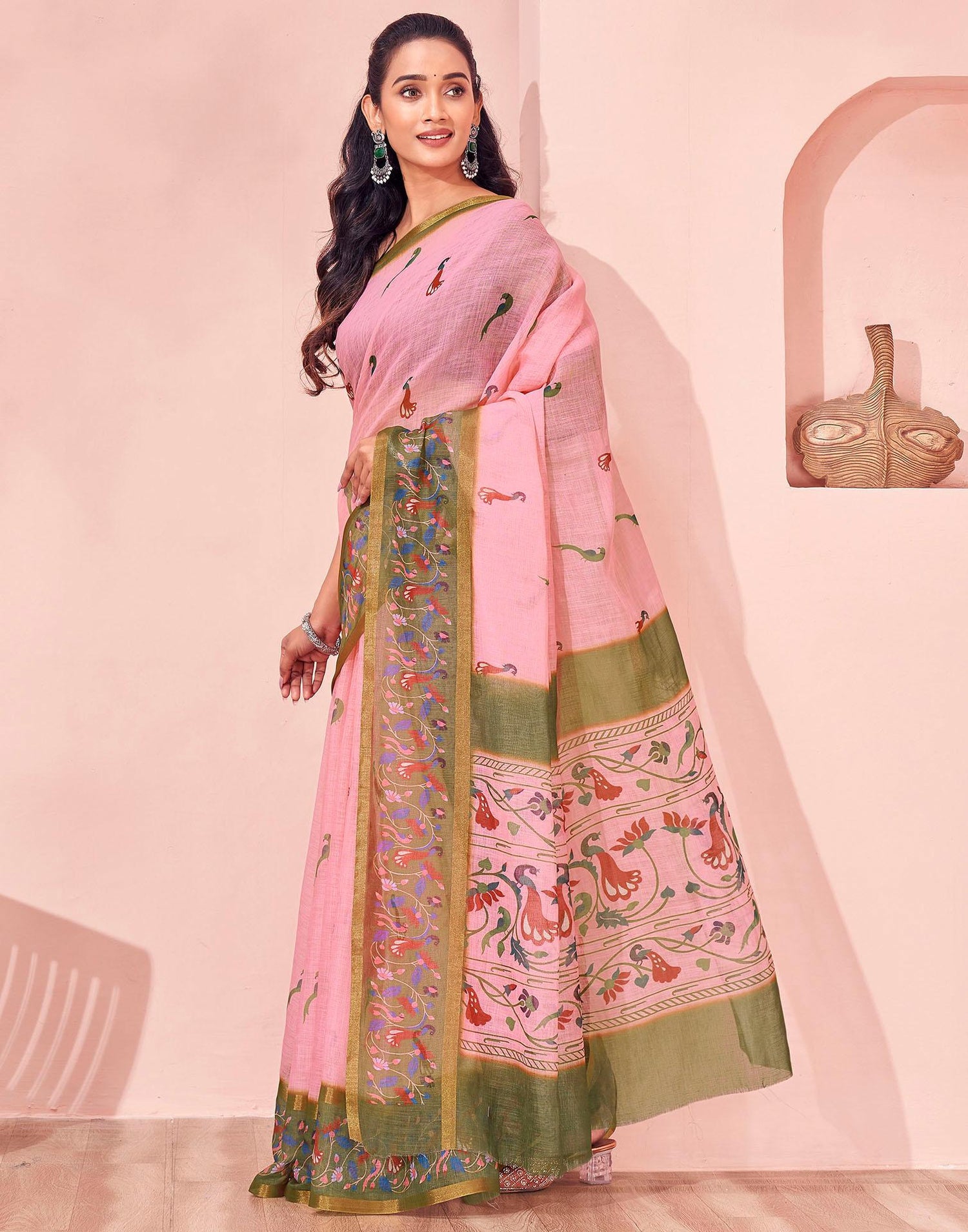 Light Pink Linen Printed Kalamkari Saree