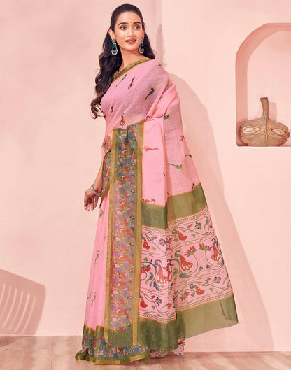 Light Pink Linen Printed Kalamkari Saree