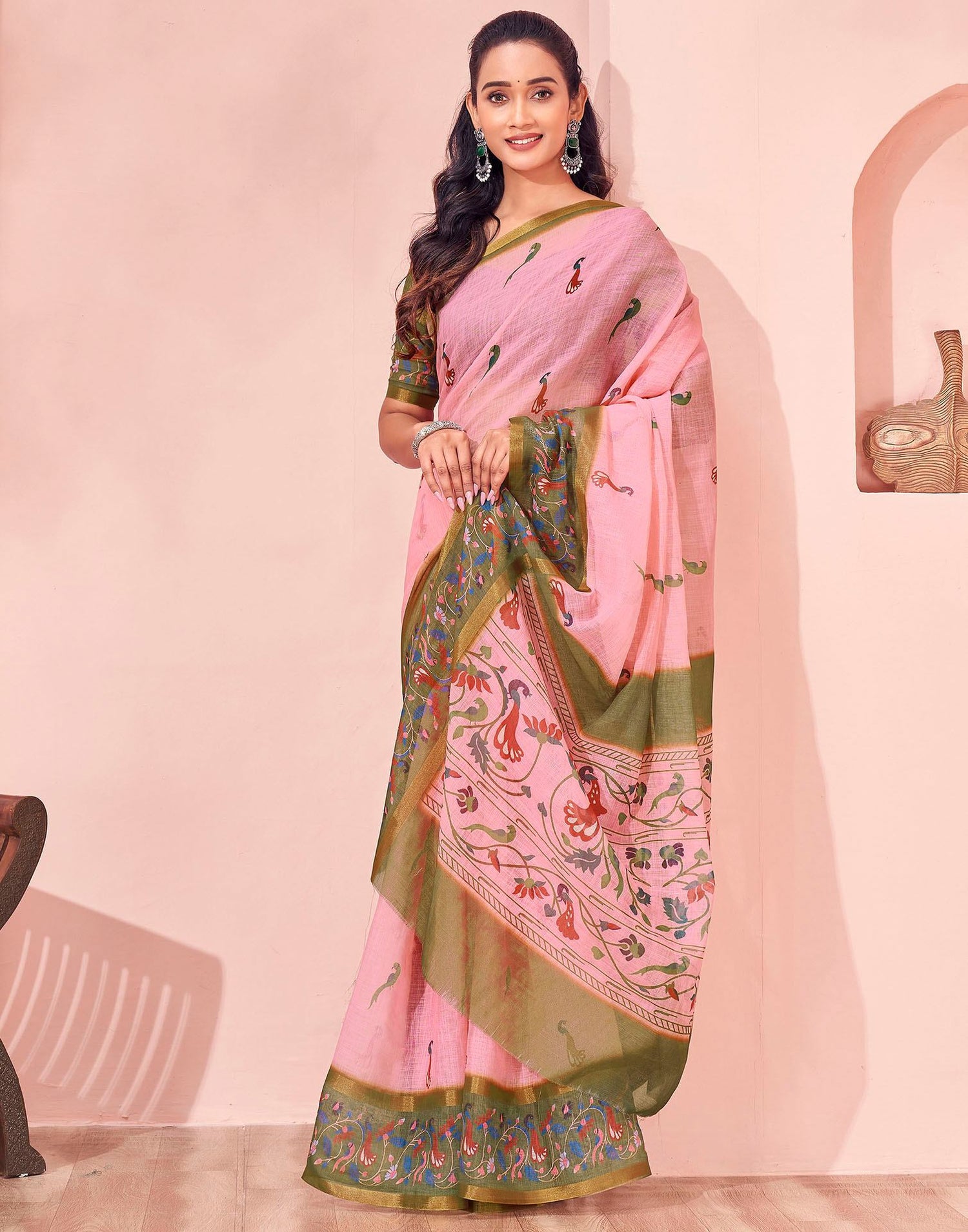 Light Pink Linen Printed Kalamkari Saree