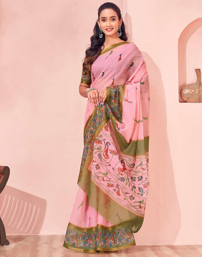 Light Pink Linen Printed Kalamkari Saree