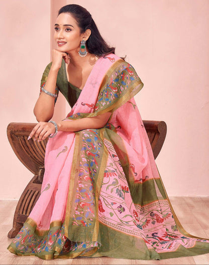 Light Pink Linen Printed Kalamkari Saree