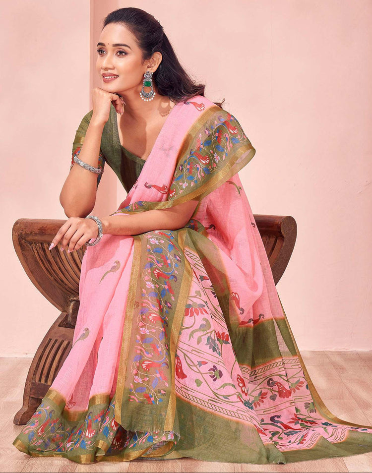 Light Pink Linen Printed Kalamkari Saree