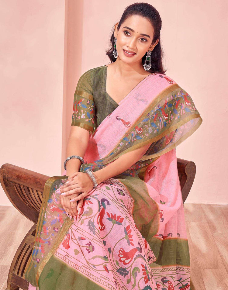 Light Pink Linen Printed Kalamkari Saree