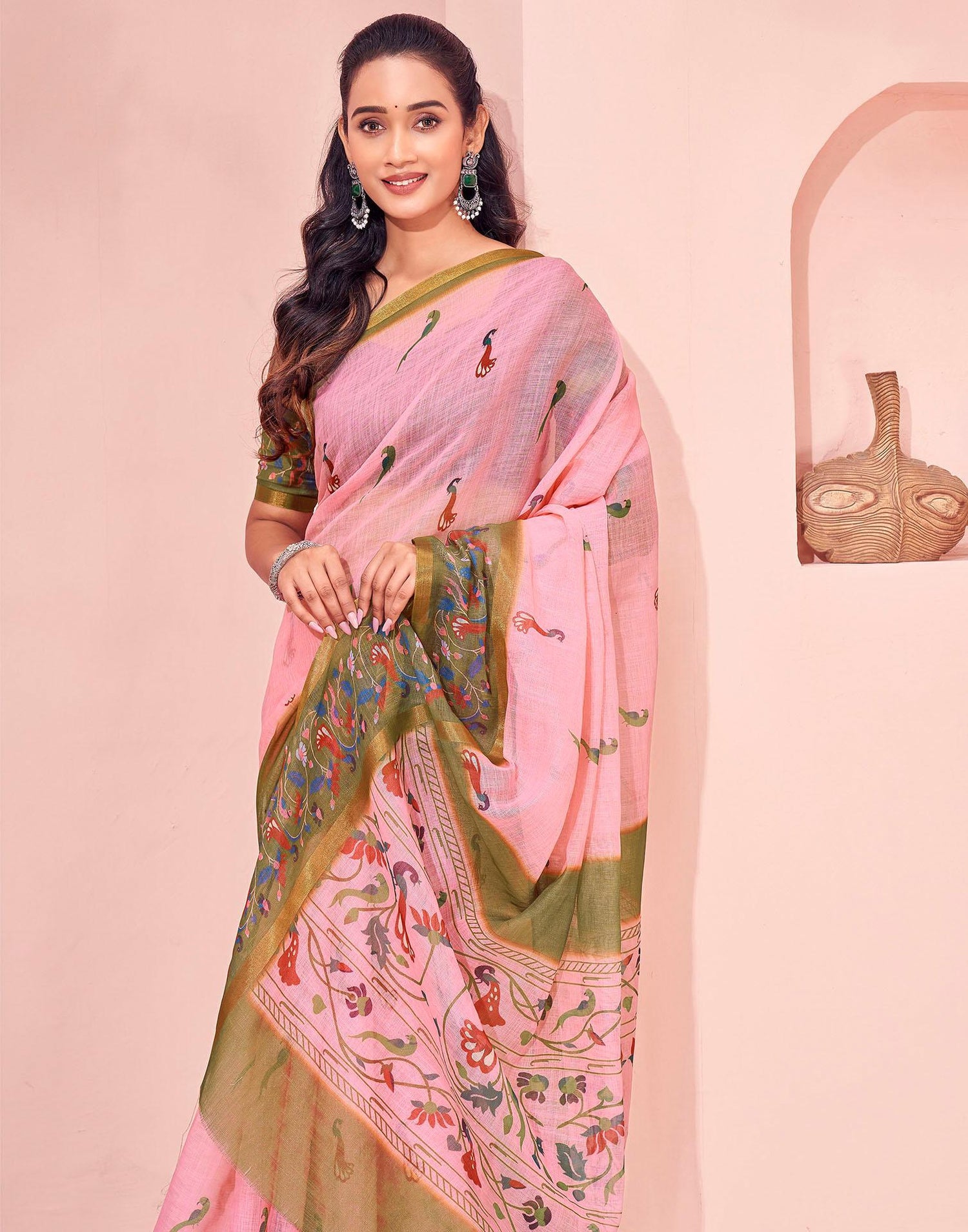 Light Pink Linen Printed Kalamkari Saree