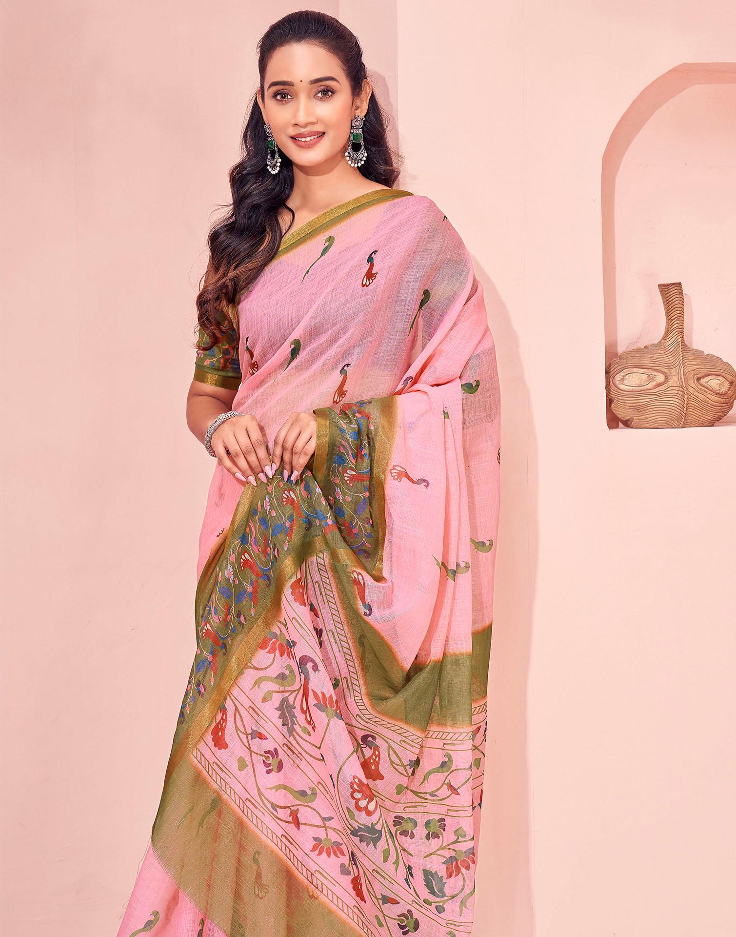 Light Pink Linen Printed Kalamkari Saree
