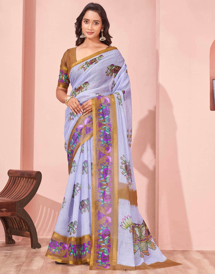 Light Blue Linen Printed Kalamkari Saree