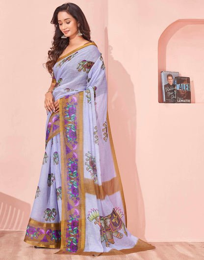 Light Blue Linen Printed Kalamkari Saree