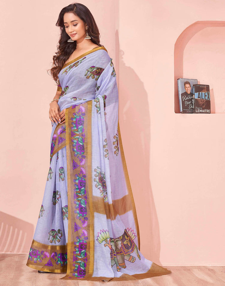 Light Blue Linen Printed Kalamkari Saree