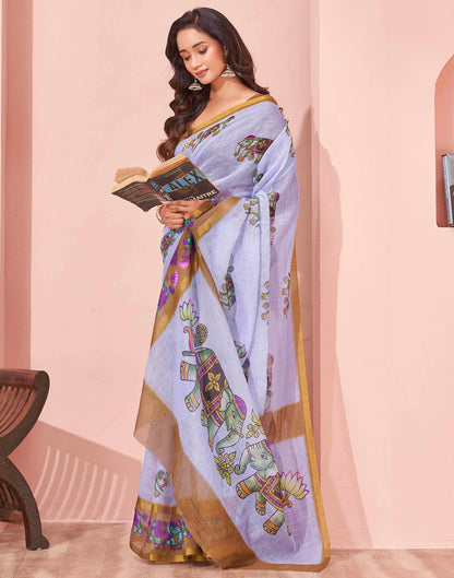 Light Blue Linen Printed Kalamkari Saree
