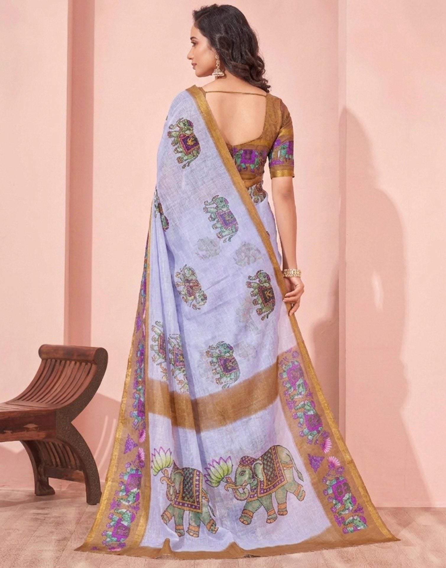 Light Blue Linen Printed Kalamkari Saree