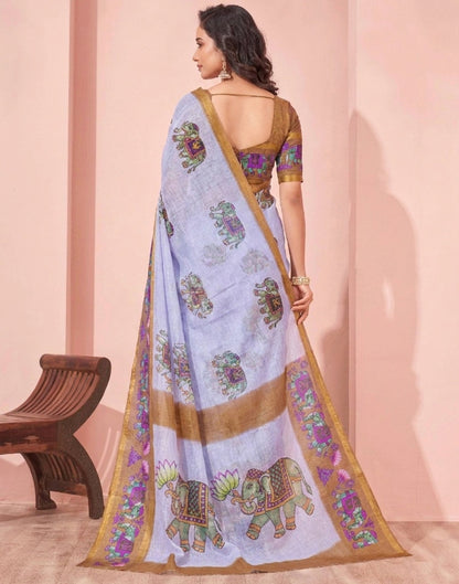 Light Blue Linen Printed Kalamkari Saree